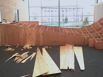 a dance ramp in progress: a 24 foot square dance landscape, made of plywood, in anticipation of Alice Sheppard and Laurel Lawson's visit.